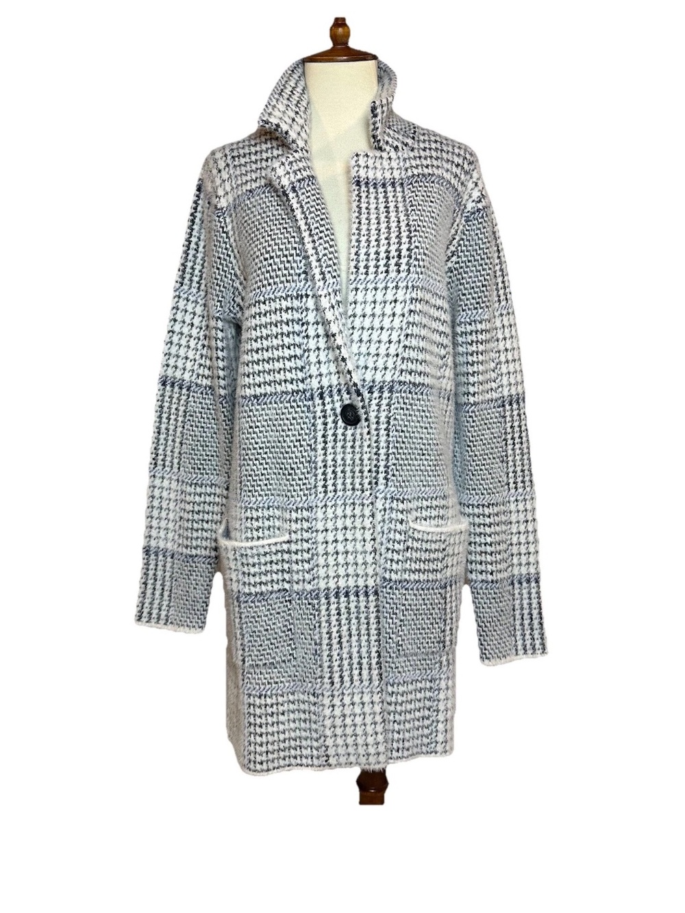 Rachel Zoe Fuzzy Long Line Jacket Cozy Coatigan Black White Houndstooth